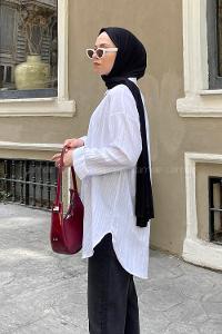 Lamelif Ovesize Gofre Gömlek Beyaz