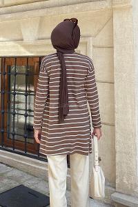 Lamelif Çizgili Uzun Kol Tunik Acı Kahve