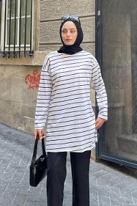 Lamelif Çizgili Uzun Kol Tunik Beyaz-Siyah