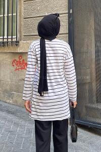 Lamelif Çizgili Uzun Kol Tunik Beyaz-Siyah