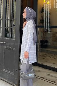 Lamelif Çizgili Uzun Kol Tunik Gri