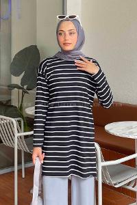 Lamelif Çizgili Uzun Kol Tunik Siyah