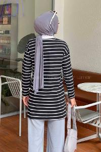 Lamelif Çizgili Uzun Kol Tunik Siyah