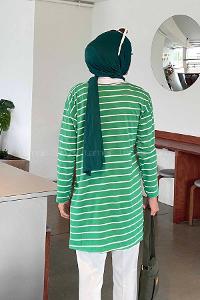 Lamelif Çizgili Uzun Kol Tunik Yeşil