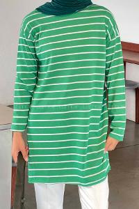 Lamelif Çizgili Uzun Kol Tunik Yeşil