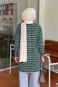 Lamelif Çizgili Uzun Kol Tunik Zümrüt Yeşili