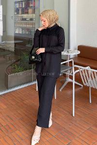 Black Shirt Collar Long Arm Poplin Fabric Regular Trousers Comfortable Suit