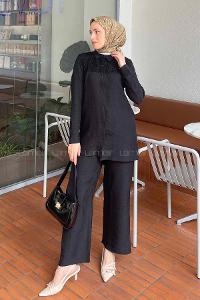Black Shirt Collar Long Arm Poplin Fabric Regular Trousers Comfortable Suit