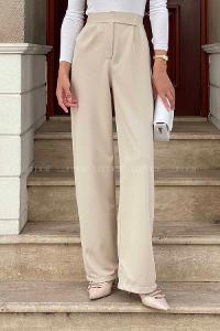 Lamelif Beli Cırt Cırtlı Palazzo Model Pantolon Bej