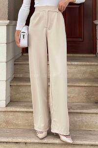 Lamelif Beli Cırt Cırtlı Palazzo Model Pantolon Bej