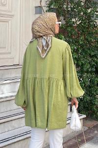 Lamelif Ön Bağlama Detaylı Tunik Yağ Yeşili