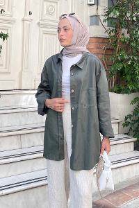 Lamelif Tek Cep Detaylı Gabardin Gömlek Haki