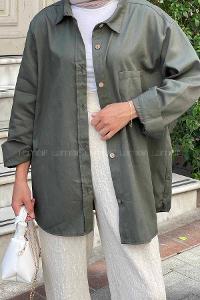 Lamelif Tek Cep Detaylı Gabardin Gömlek Haki