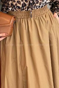 Lamelif Cep Detaylı Kloş Etek Camel