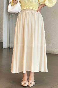 Lamelif Cep Detaylı Tensel Kloş Etek Krem