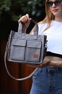 Lamelif Cepli Mini Kanvas Kadın Çapraz Çanta Gri