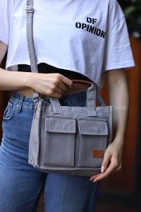 Lamelif Cepli Mini Kanvas Kadın Çapraz Çanta Gri