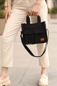 Lamelif Cepli Mini Kanvas Kadın Çapraz Çanta Siyah