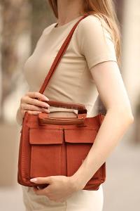 Lamelif Cepli Mini Kanvas Kadın Çapraz Çanta Taba