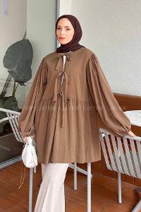 Lamelif Ön Bağlama Detaylı Tunik Kahverengi