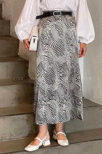 Lamelif Saten Pamuklu Zebra Detaylı Etek Siyah-Krem