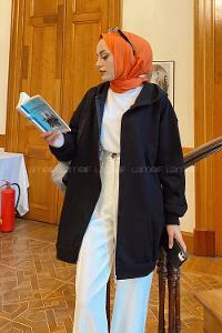 Lamelif Ön Fermuar Detaylı Hırka Siyah