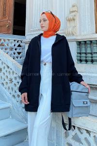 Lamelif Ön Fermuar Detaylı Hırka Siyah