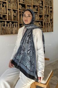 Lamelif Retro Desen Pamuk Şal Gri Mavi