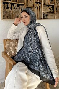 Lamelif Retro Desen Pamuk Şal Gri Mavi