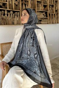 Lamelif Retro Desen Pamuk Şal Gri Mavi