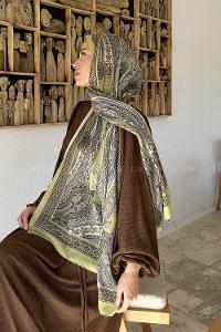 Lamelif Retro Desen Pamuk Şal Yağ Yeşili