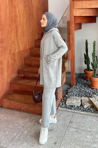 Lamelif Kapüşonlu Oysho Tesettür Takım Gri
