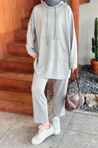 Lamelif Kapüşonlu Oysho Tesettür Takım Gri