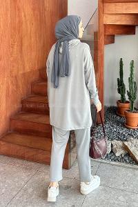 Lamelif Kapüşonlu Oysho Tesettür Takım Gri