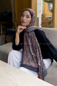 Lamelif Retro Desen Pamuk Şal Siyah-Kiremit