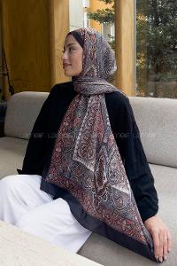 Lamelif Retro Desen Pamuk Şal Siyah-Kiremit