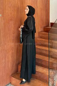 Lamelif Yaka Taş Detaylı Balon Kol Tesettür Elbise Siyah