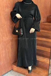 Lamelif Yaka Taş Detaylı Balon Kol Tesettür Elbise Siyah