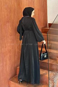 Lamelif Yaka Taş Detaylı Balon Kol Tesettür Elbise Siyah