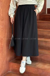 Lamelif Cep Detaylı Keten Etek Siyah