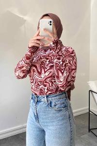 Lamelif Eldiven Detaylı  Ebru Desenli Body Vişne