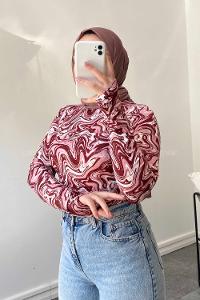 Lamelif Eldiven Detaylı  Ebru Desenli Body Vişne