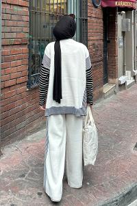 Lamelif Yan Çizgili Panço Tesettür Takım Krem