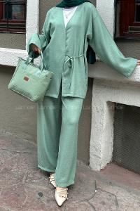 Lamelif Bağlama Detaylı Kimono Tesettür Takım Mint Yeşili