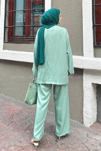 Lamelif Bağlama Detaylı Kimono Tesettür Takım Mint Yeşili