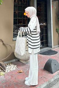 Ecru Mock Turtle Neck Long Arm Buttoned Regular Trousers Suit