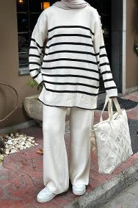 Ecru Mock Turtle Neck Long Arm Buttoned Regular Trousers Suit