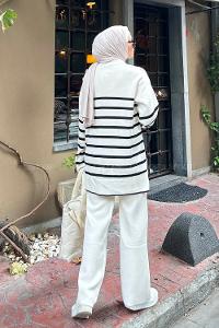 Ecru Mock Turtle Neck Long Arm Buttoned Regular Trousers Suit