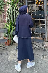 Lamelif Etekli Triko Tesettür Takım Lacivert