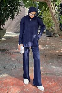 Lamelif Fermuar Detaylı Pantolon Tesettür Takım Lacivert